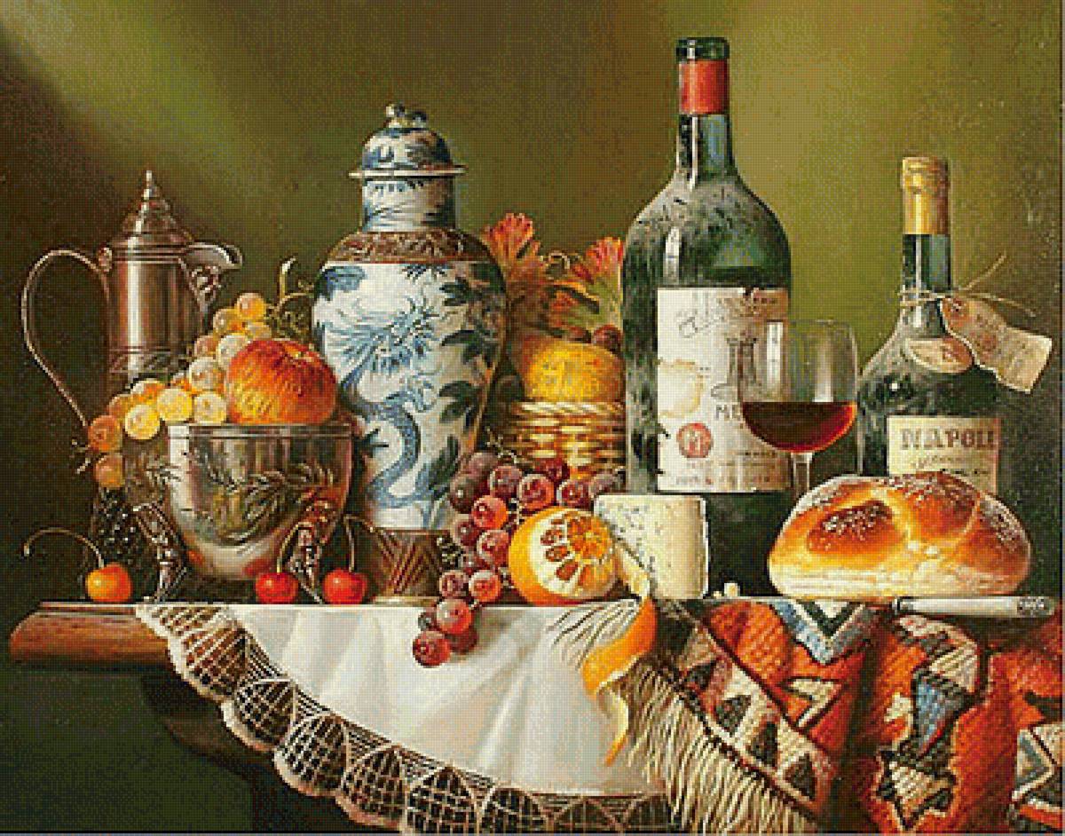 Натюрморт - лимон, бутылка, вино, виноград - предпросмотр