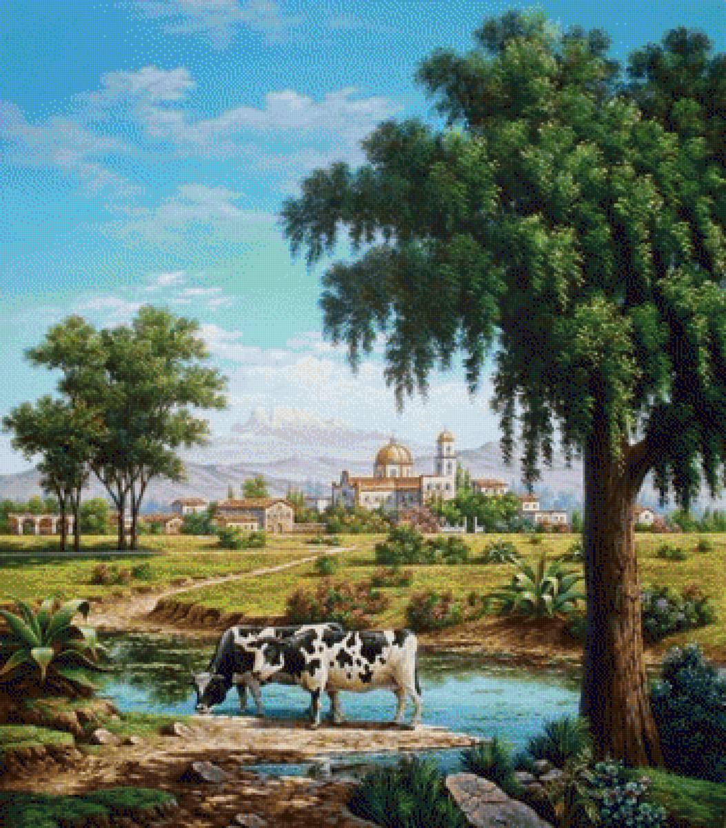Cows in Volcanic Landscape. - arturo zárraga painter.landscapes.animals. - предпросмотр