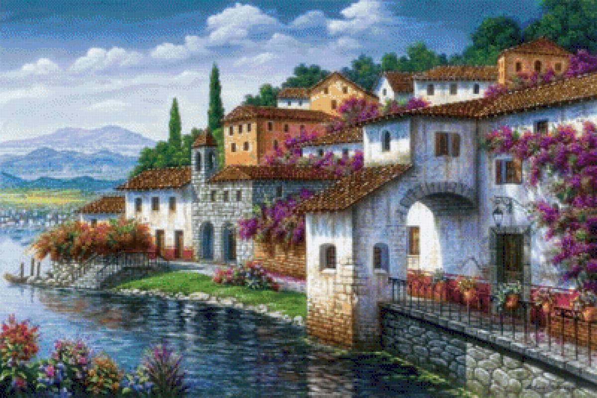 Riverside Town at the Break of Day. - arturo zárraga painter.landscapes. - предпросмотр