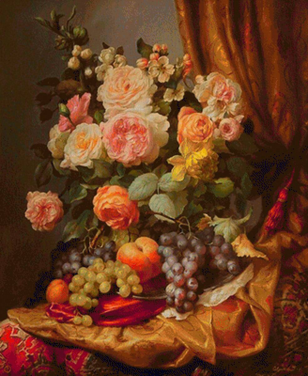 Натюрморт - цветы и фрукты - предпросмотр