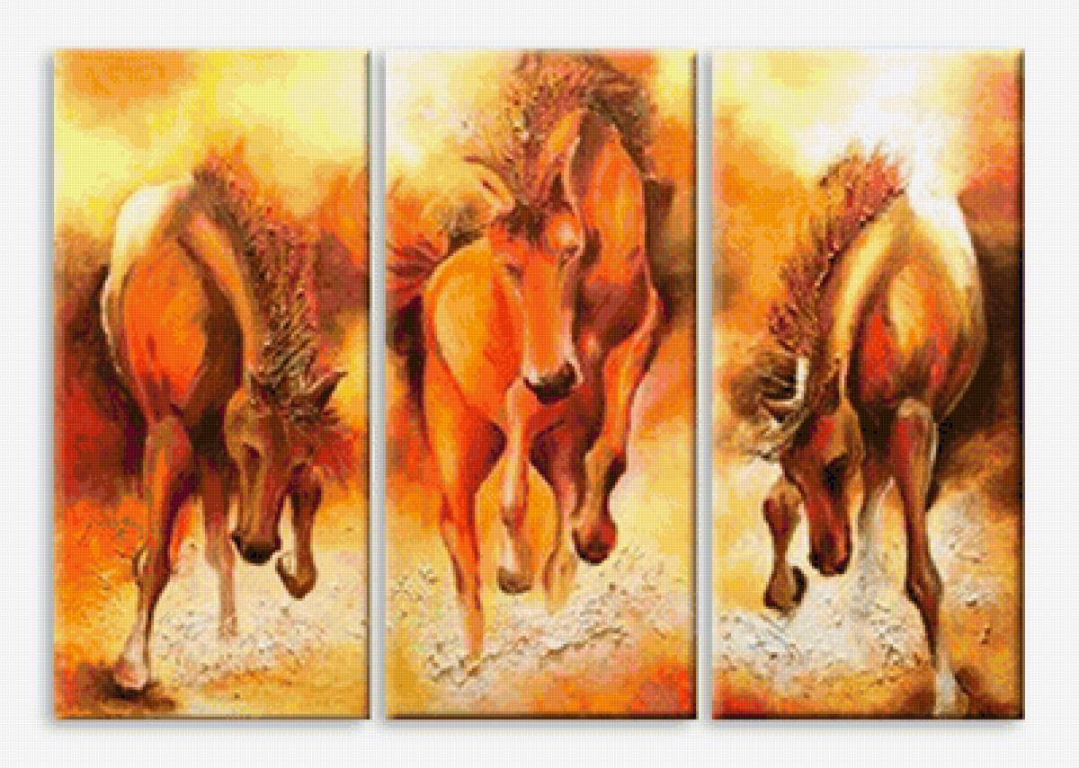 скакуны - рыжие лошади, триптих - предпросмотр