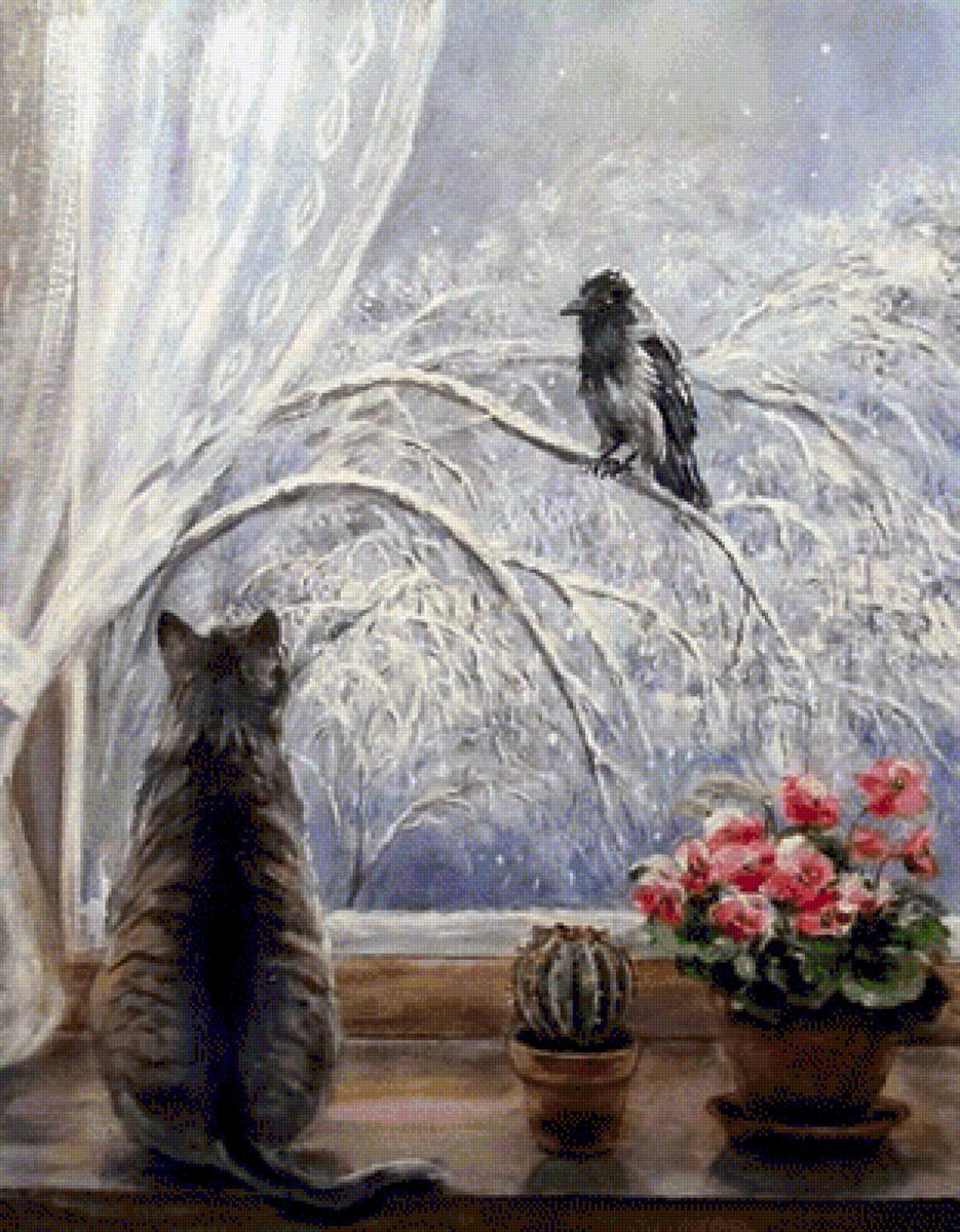 Cat in the Window. - olga vorobiova painter.animals.birds. - предпросмотр