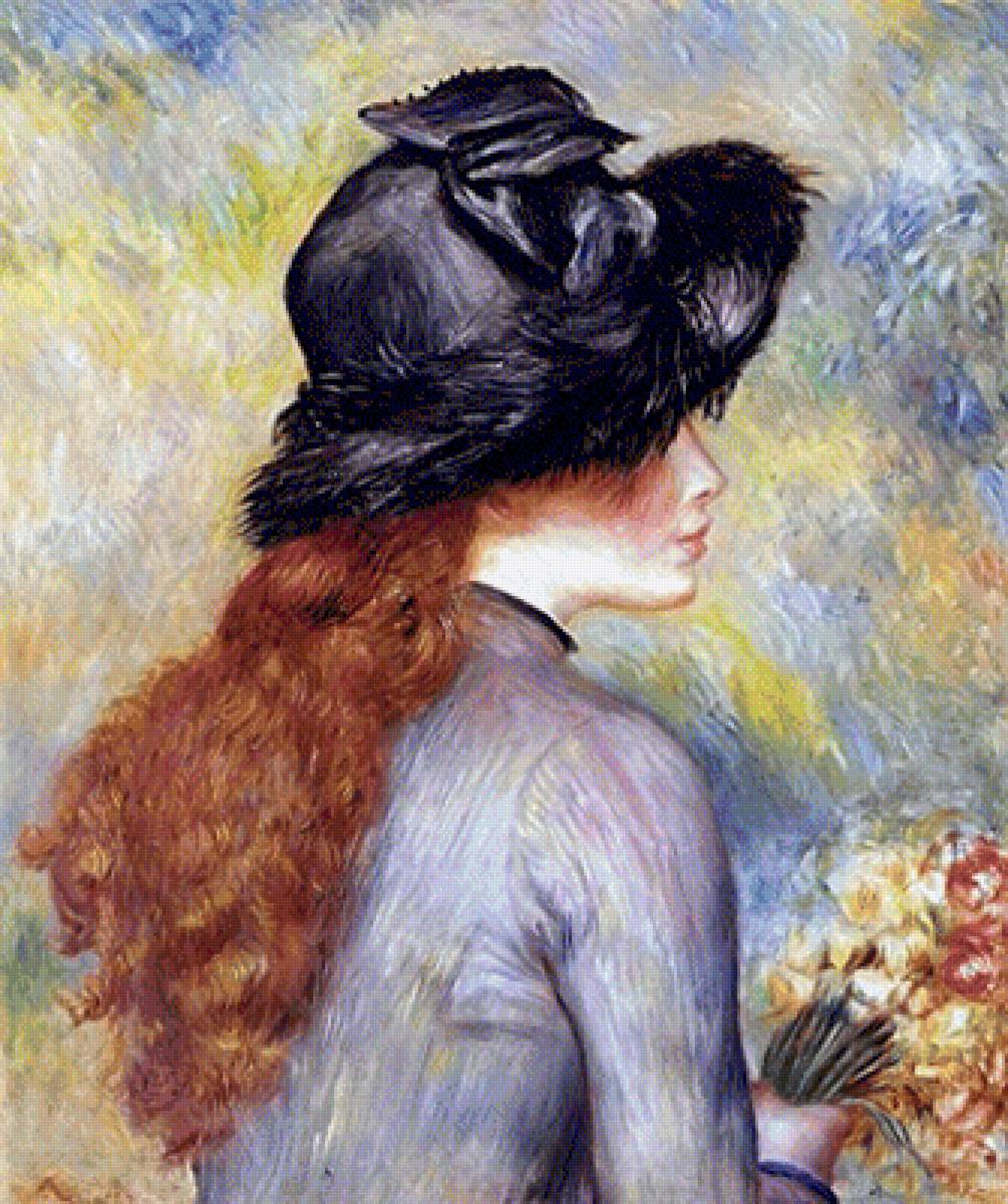 Young Girl Holding at Bouquet of Flowers. - pierre auguste renoir paintings. - предпросмотр