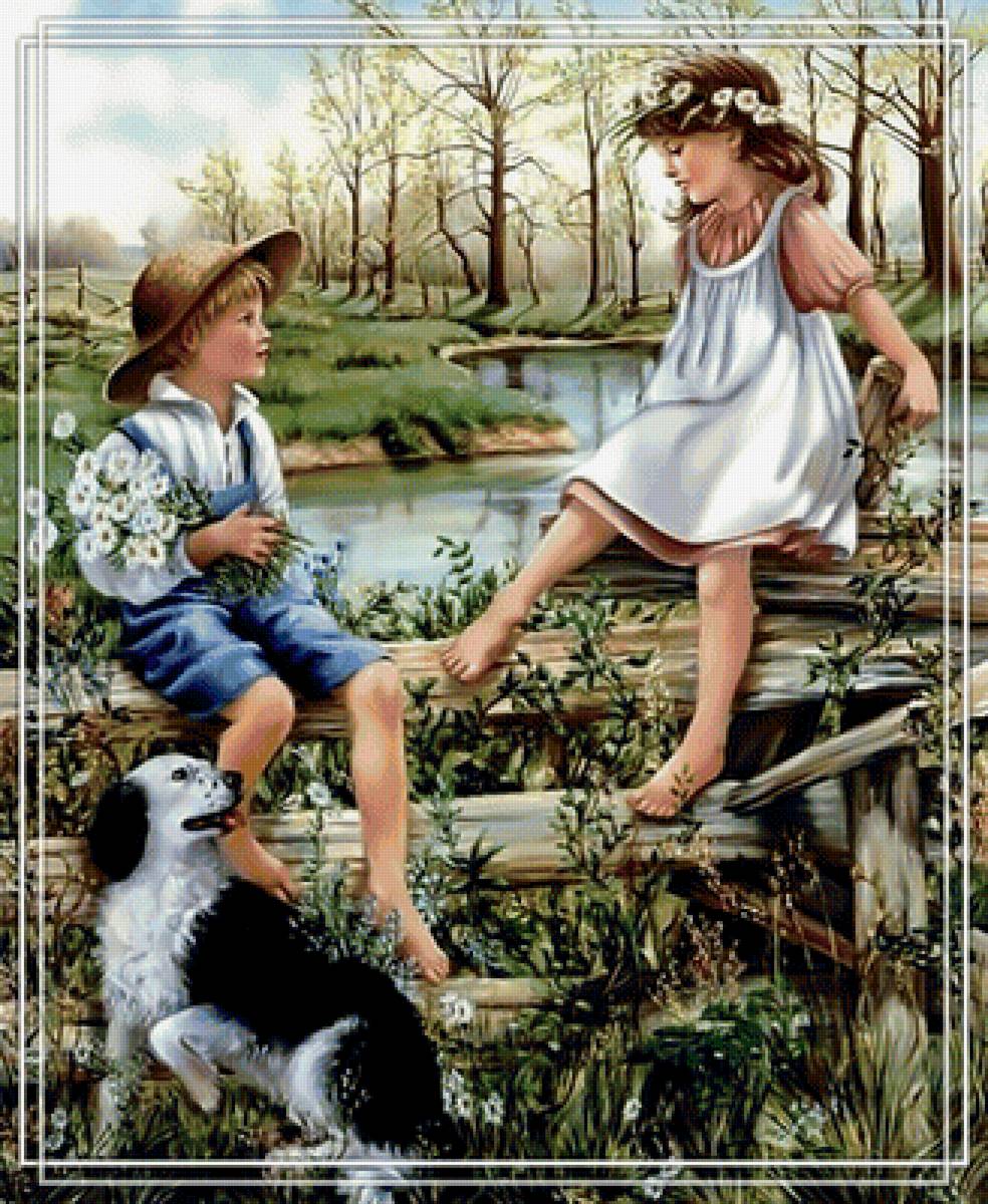 Счастливое детство. - цветы, девочка, дети, собака., мальчик, ромашки - предпросмотр