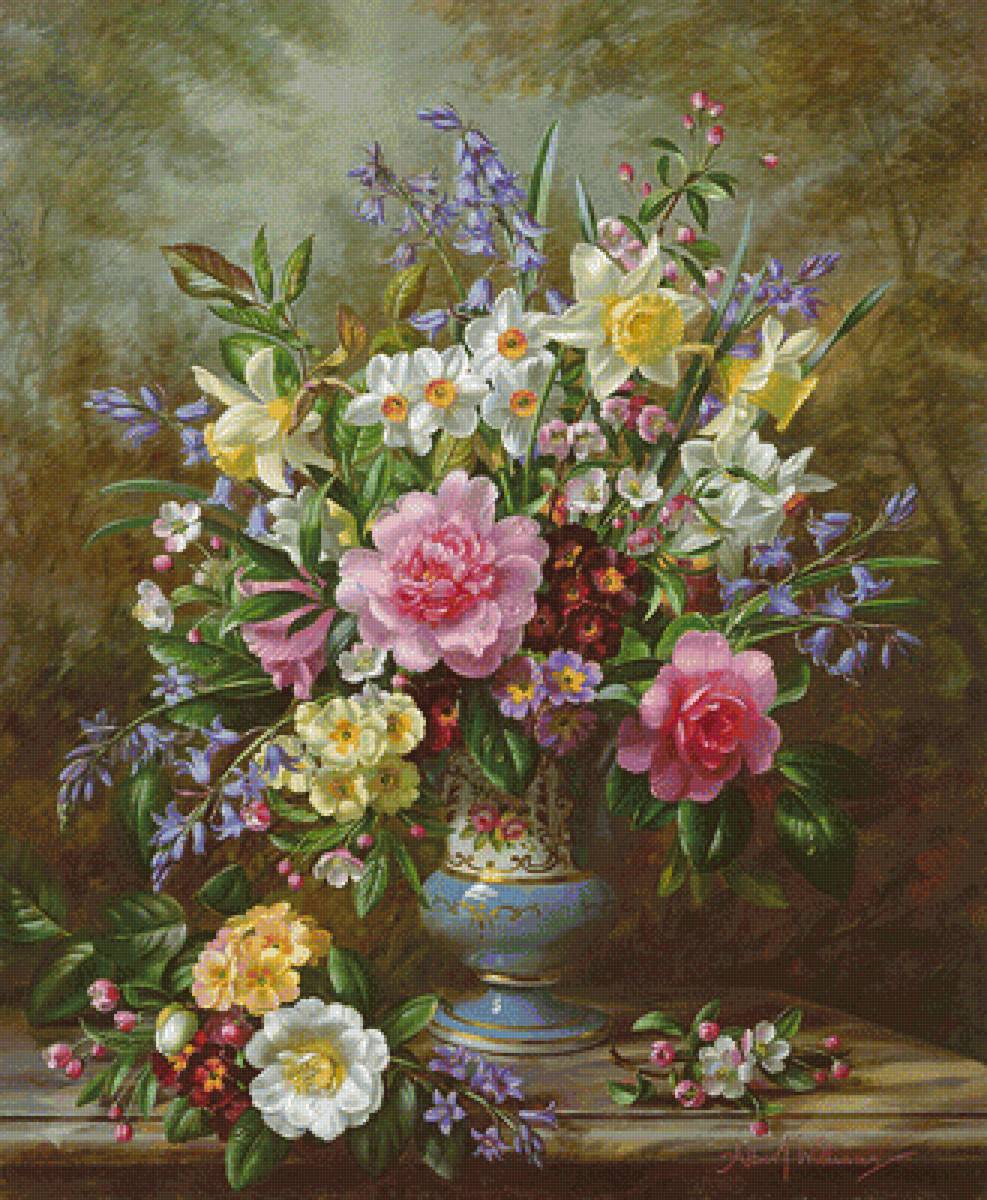 Пионы розы и мальвы - мальвы, розы, букет, анютины глазки - предпросмотр