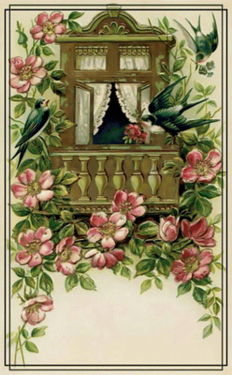 Ласточки. Винтаж. - окно, ласточки, винтаж., цветы, балкон - предпросмотр