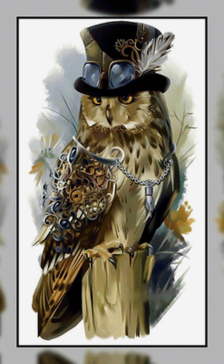 Сова в цилиндре. - цилиндр, очки, перо., механизм, сова - предпросмотр