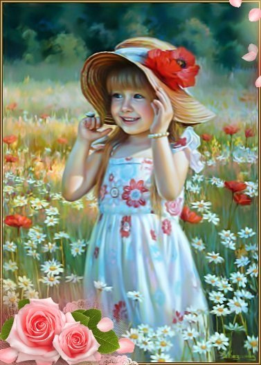 Девочка на цветочном лугу. - девочка, маки, шляпа, ромашки, лето. - оригинал