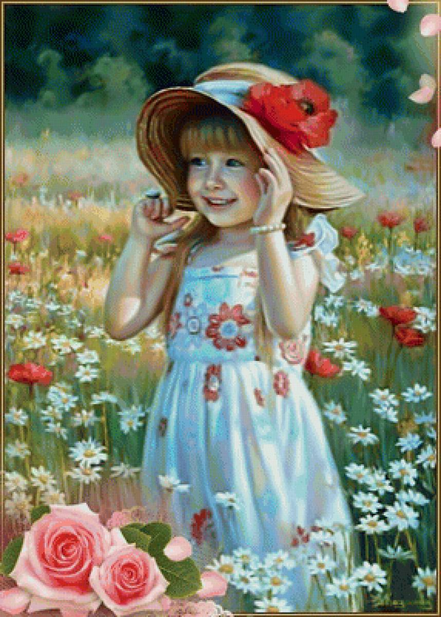 Девочка на цветочном лугу. - лето., ромашки, шляпа, девочка, маки - предпросмотр