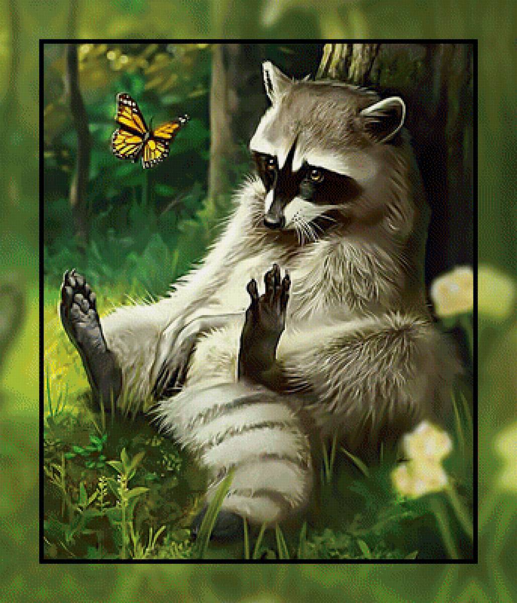 Енот и бабочка. - природа., енот, бабочка - предпросмотр