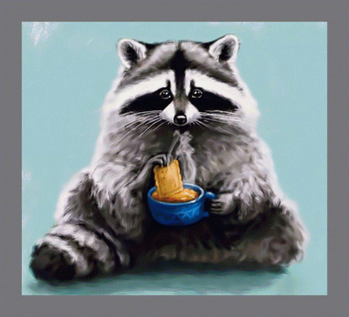 Енот с печенькой. - енот, печенье, чашка. - предпросмотр