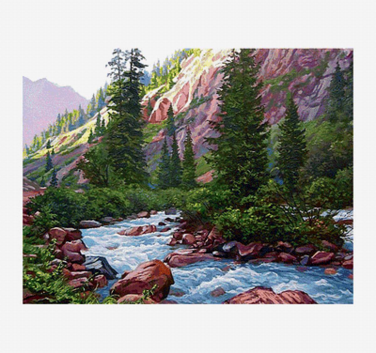 Горный пейзаж - лес, горы, река - предпросмотр