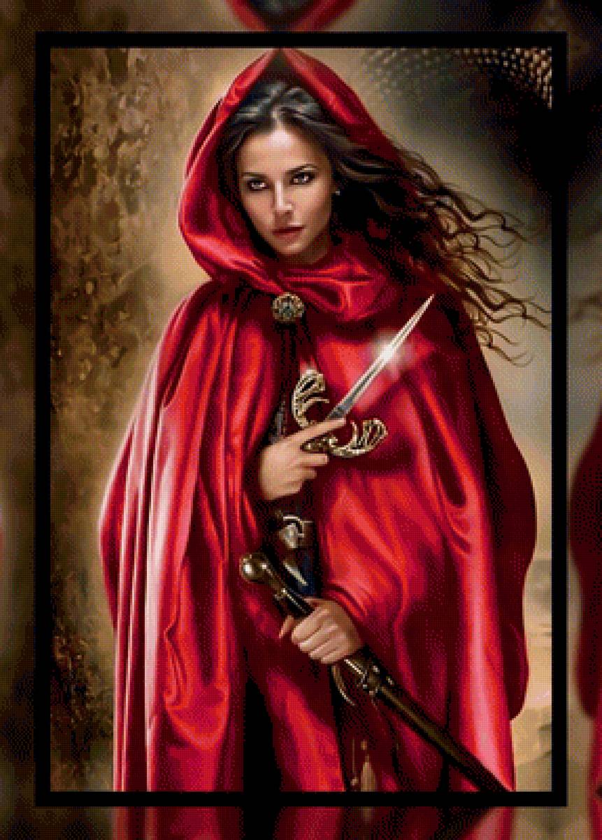 Девушка с кинжалом. - фентези., красный, девушка, плащ, кинжал - предпросмотр