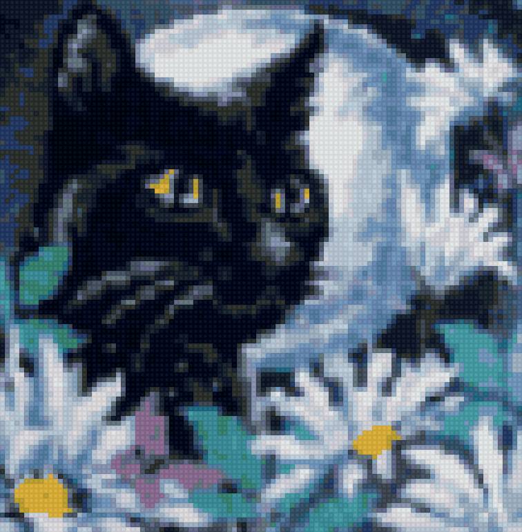 Лунный кот2 - цветы, луна, кот, черный - предпросмотр