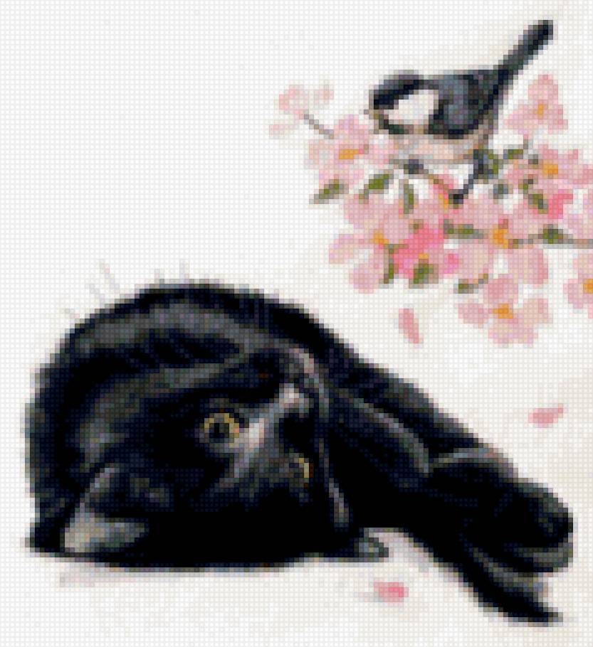 Кот и синичка2 - черный, синица, синичка, кот - предпросмотр