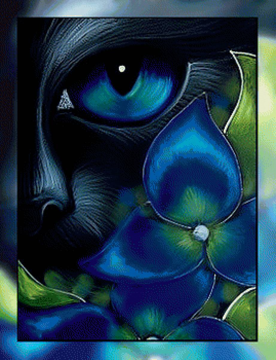 Черный кот. - взгляд, цветок, черный, синий, глаза., кот - предпросмотр