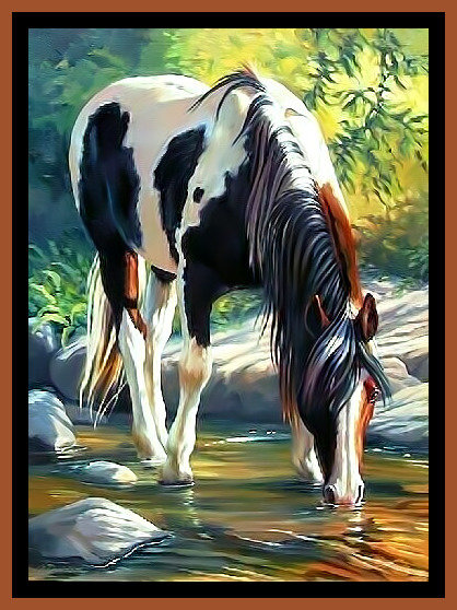 Конь на водопое. - конь, река, пейзаж., лошадь - оригинал