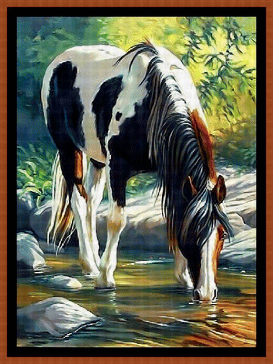 Конь на водопое. - река, лошадь, конь, пейзаж. - предпросмотр