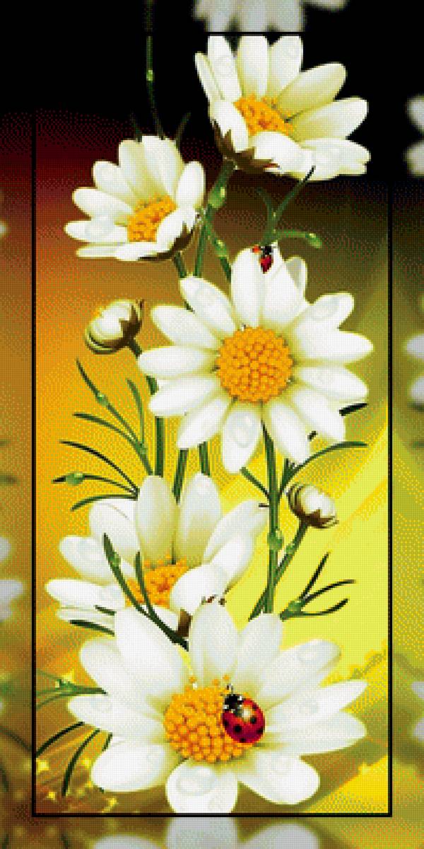 Ромашки и божья коровка. - коровка., божья, цветы, ромашки - предпросмотр