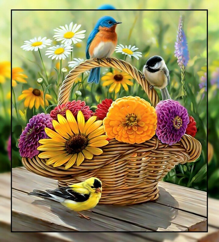 Птички. - корзина, птицы, цветы., лето - оригинал