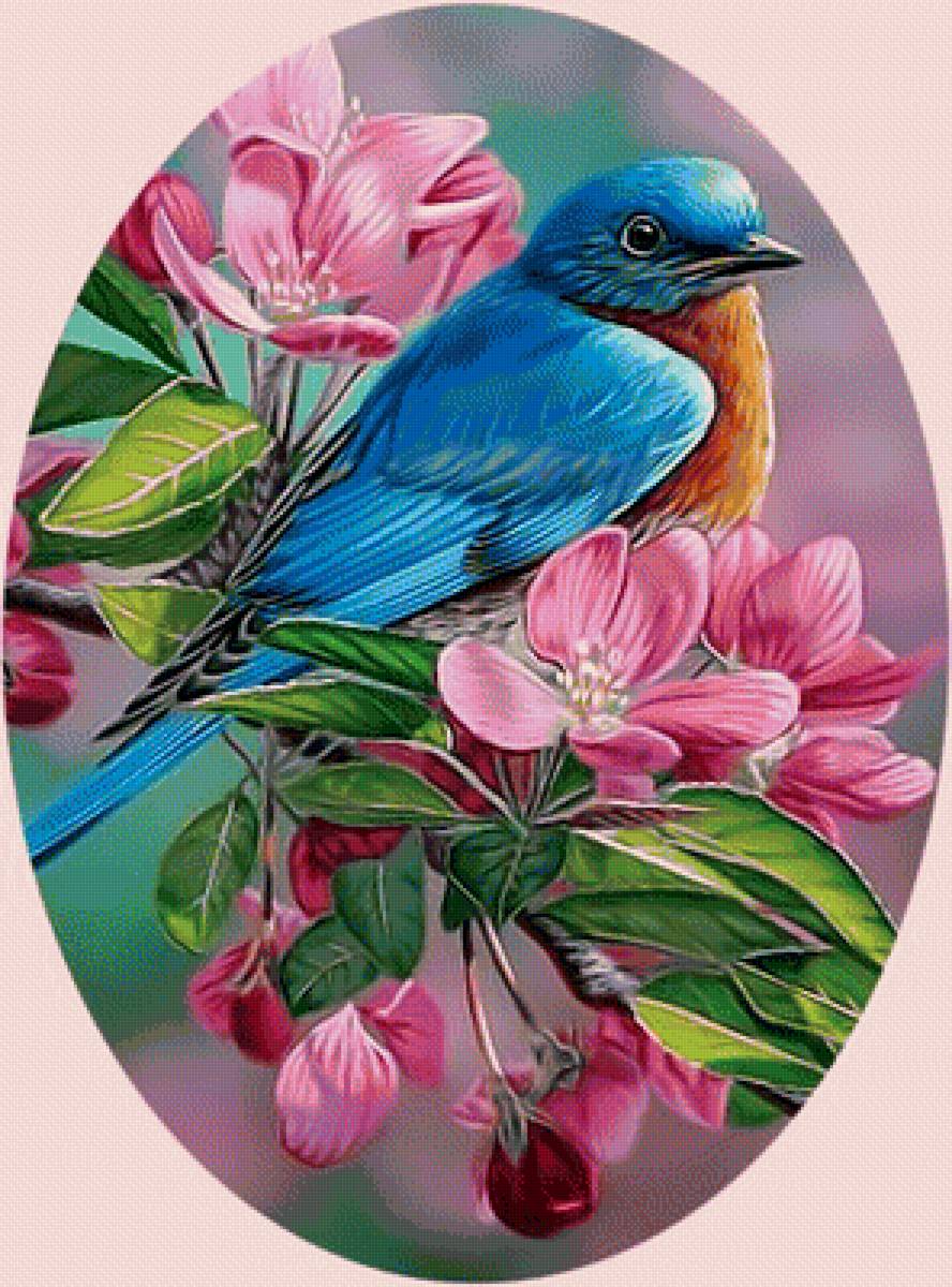 Птичка на веточке2. - ветка, птица, цветы. - предпросмотр