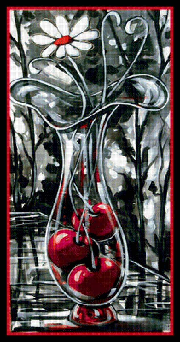 Вишня и ромашка. - вишня, рисунок., ваза, ромашка - предпросмотр