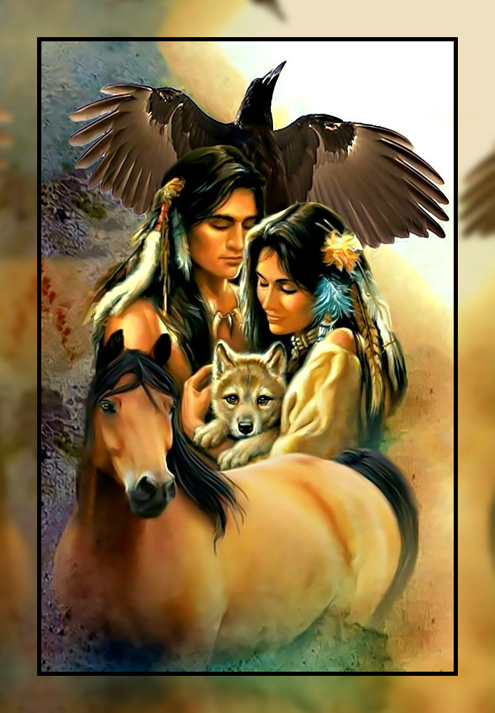 Индейцы. - волчонок., конь, индейцы, орел - оригинал