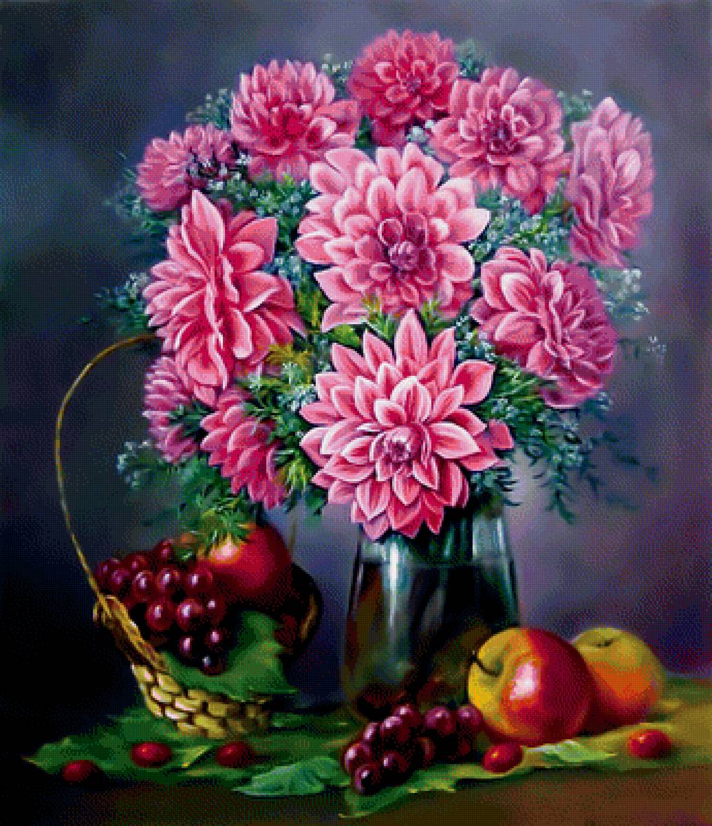 Натюрморт с букетом. - яблоки, виноград., натюрморт, цветы - предпросмотр