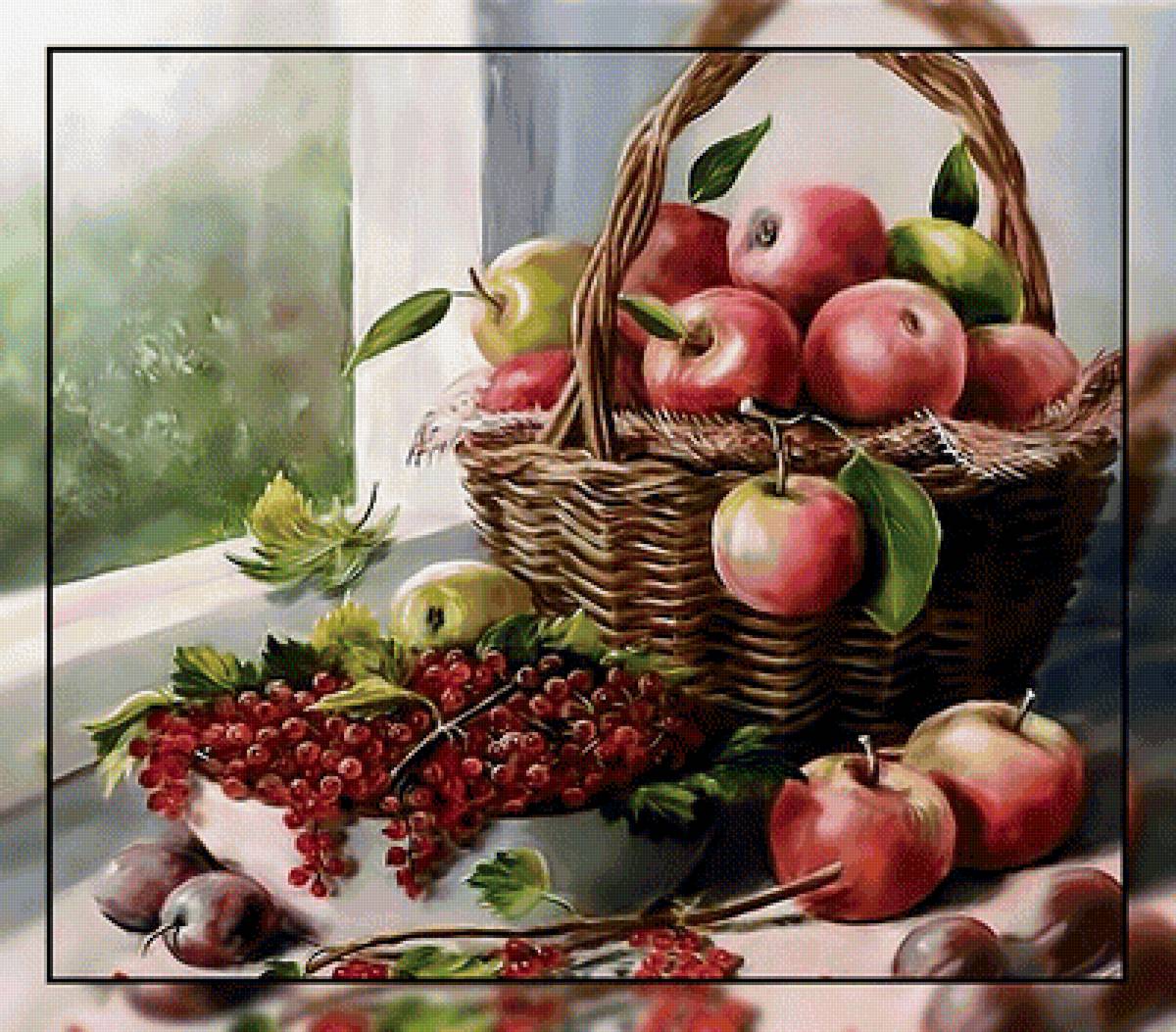 Яблочки. - яблоки, смородина, сливы., окно, корзина - предпросмотр