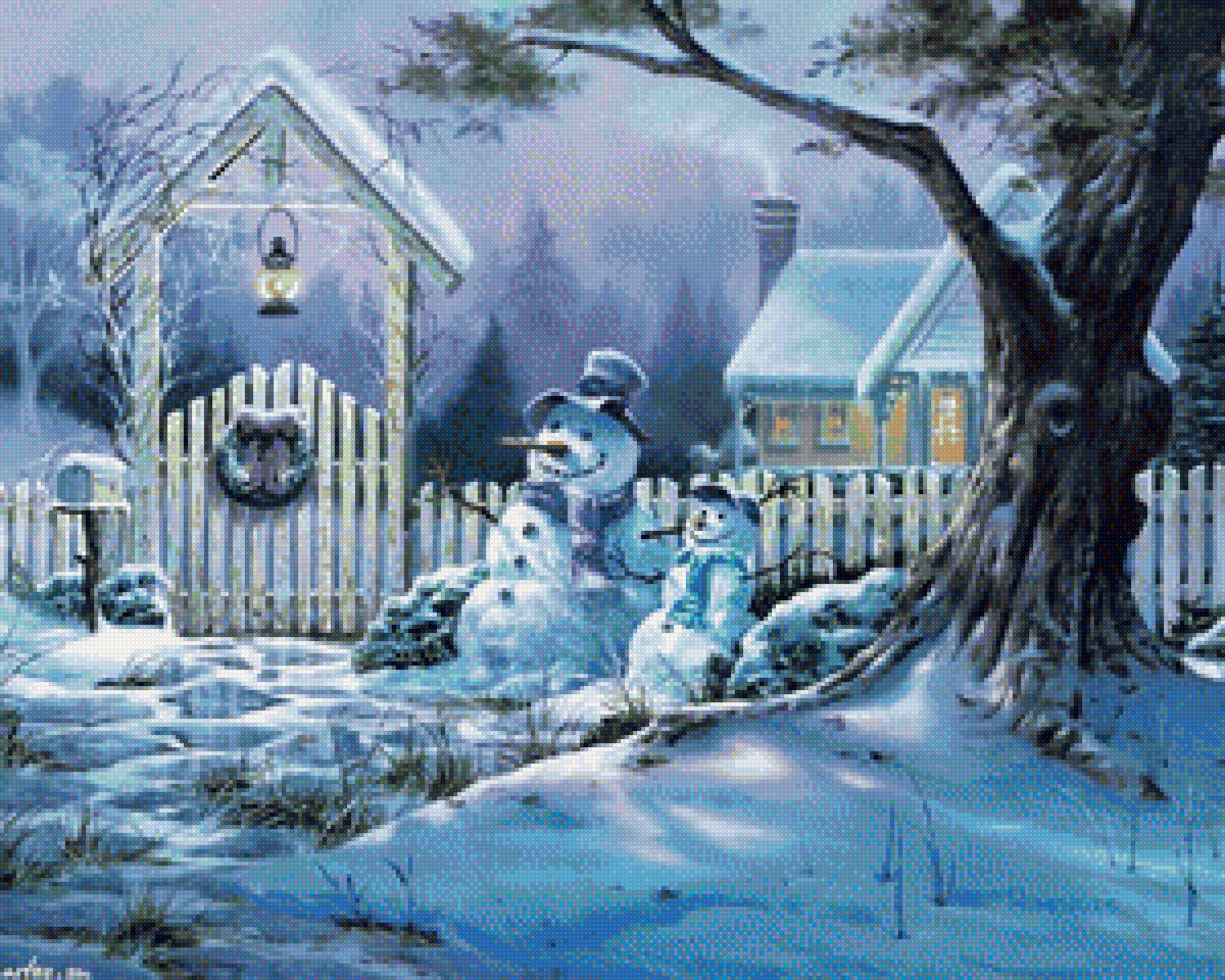 Новый год снеговики - снеговики, пейзаж, зима, новый год, деревня - предпросмотр