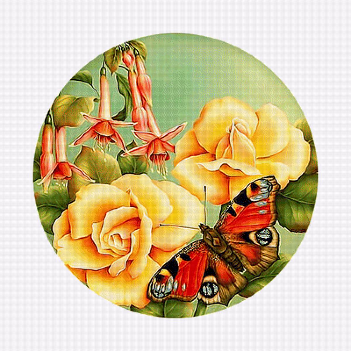 Серия "Розы". - розы, флора, фуксии, бабочка, цветы - предпросмотр