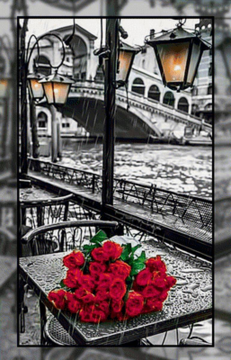 Дождь. - розы, фонари., цветы, букет, дождь - предпросмотр