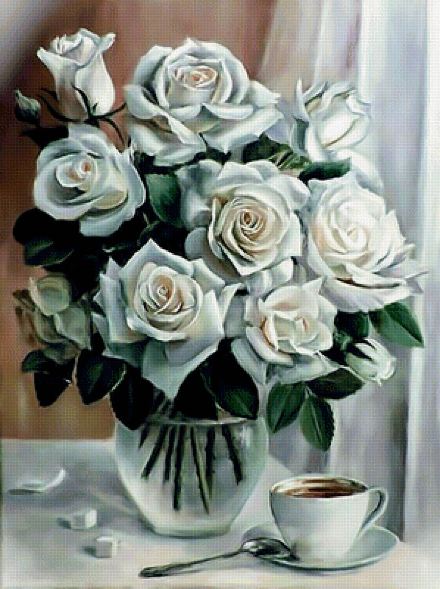 Белые розы. - букет, розы, цветы, ваза. - предпросмотр