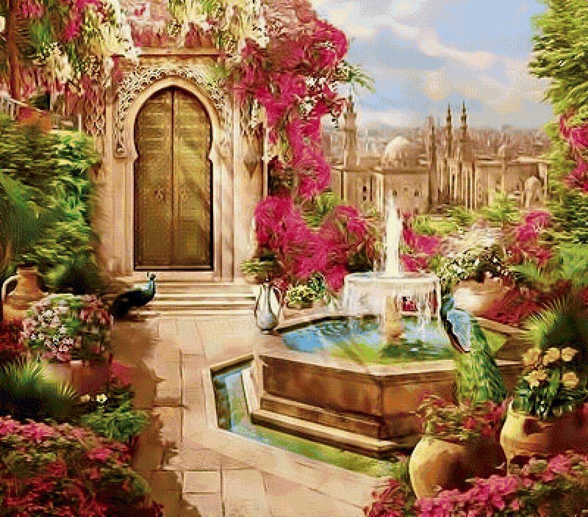 Дворик с фонтаном и павлинами. - фонтан, дворик, павлины, пейзаж., цветы - предпросмотр