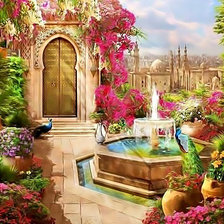 Схема вышивки «Дворик с фонтаном и павлинами.»