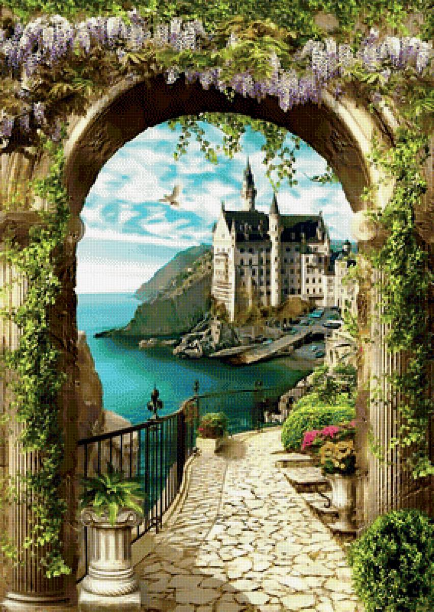 Выход к морю. - арка, цветы, дворец., лето, пейзаж, море, замок - предпросмотр