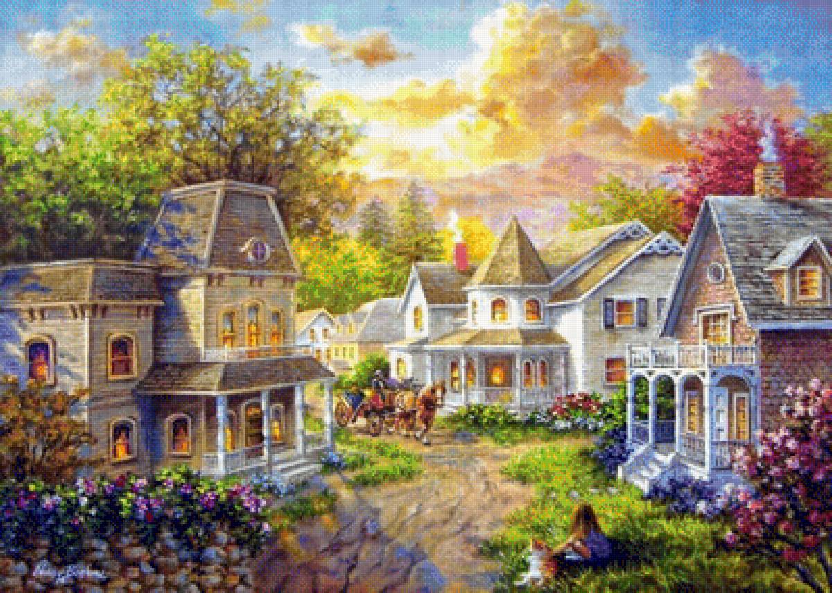 Summer Village. - nicky boheme painter.cityscapes.people.animals. - предпросмотр