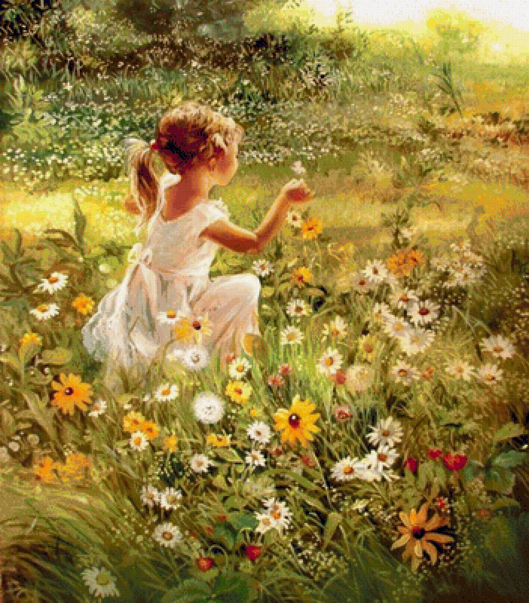 В ромашковом поле /худ. Дарья Чачева/ - девочка, полевые цветы, ромашки, поле - предпросмотр