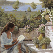 Схема вышивки «Reading in the shade of tree.»