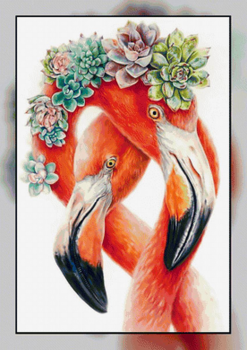 Фламинго. - птицы, фламинго, цветы. - предпросмотр