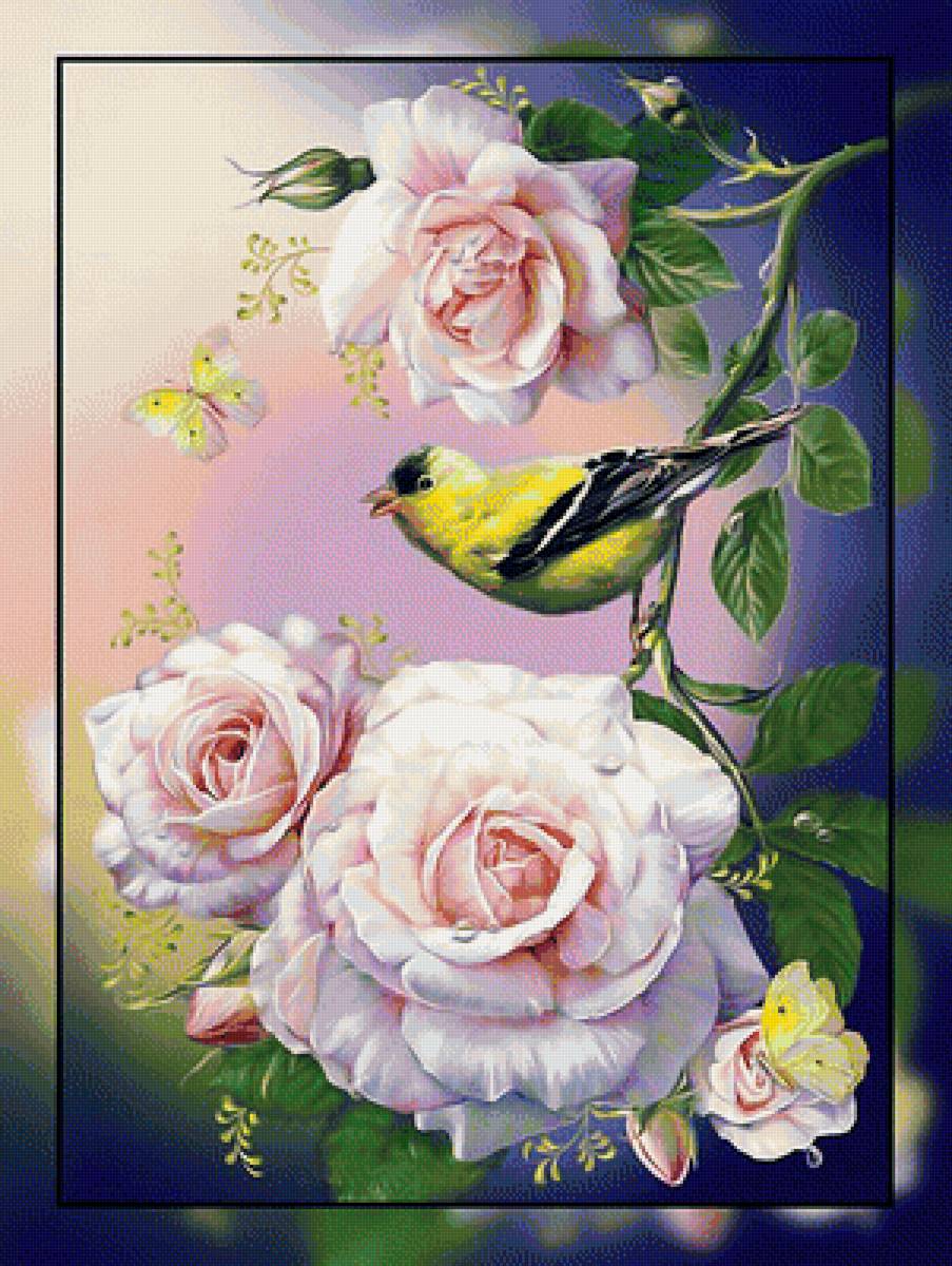 Розы и птичка2. - розы, цветы, птичка. - предпросмотр