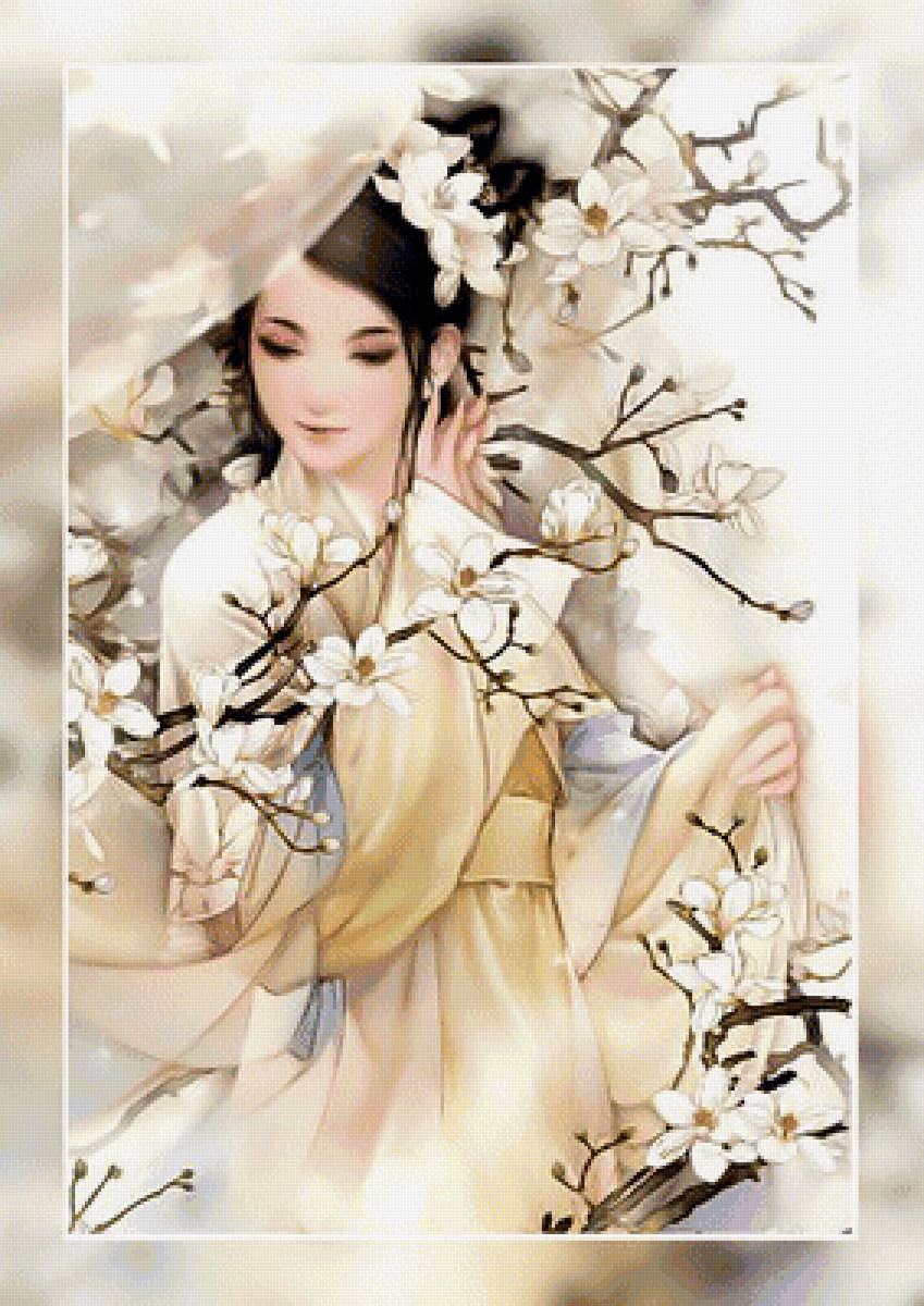 Девушка. - кимоно., девушка, магнолия, восточная - предпросмотр