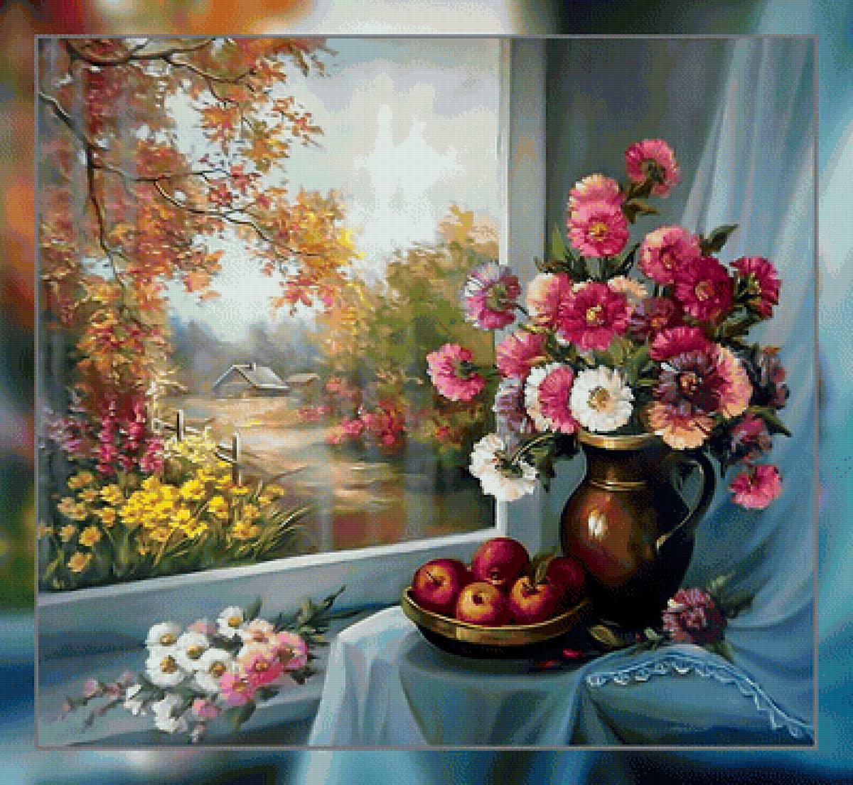 Цветы на окне. - цветы, окно., натюрморт, яблоки, пейзаж - предпросмотр