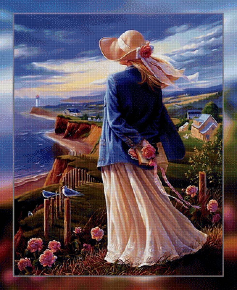 Девушка. - шляпка., девушка, море, цветы, птицы, маяк - предпросмотр