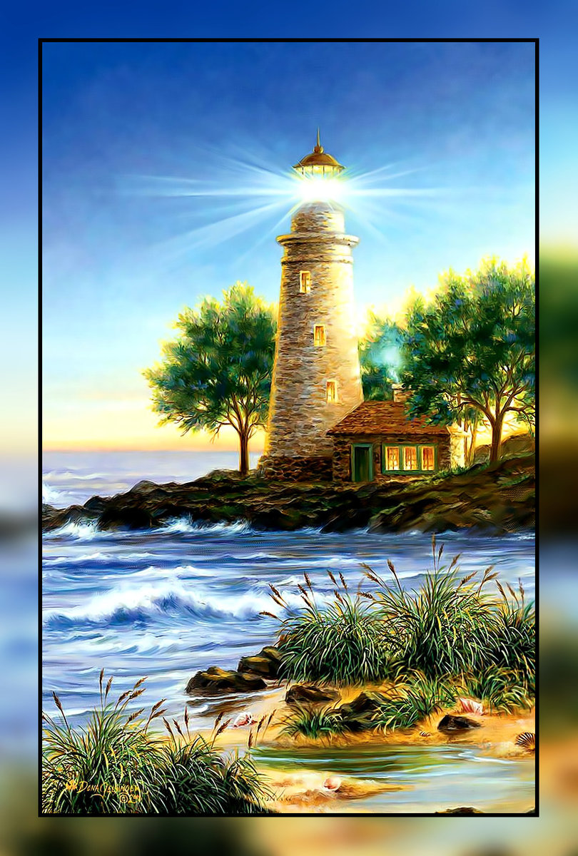 Маяк2. - волны, домик, пейзаж., деревья, маяк, море, вечер - оригинал