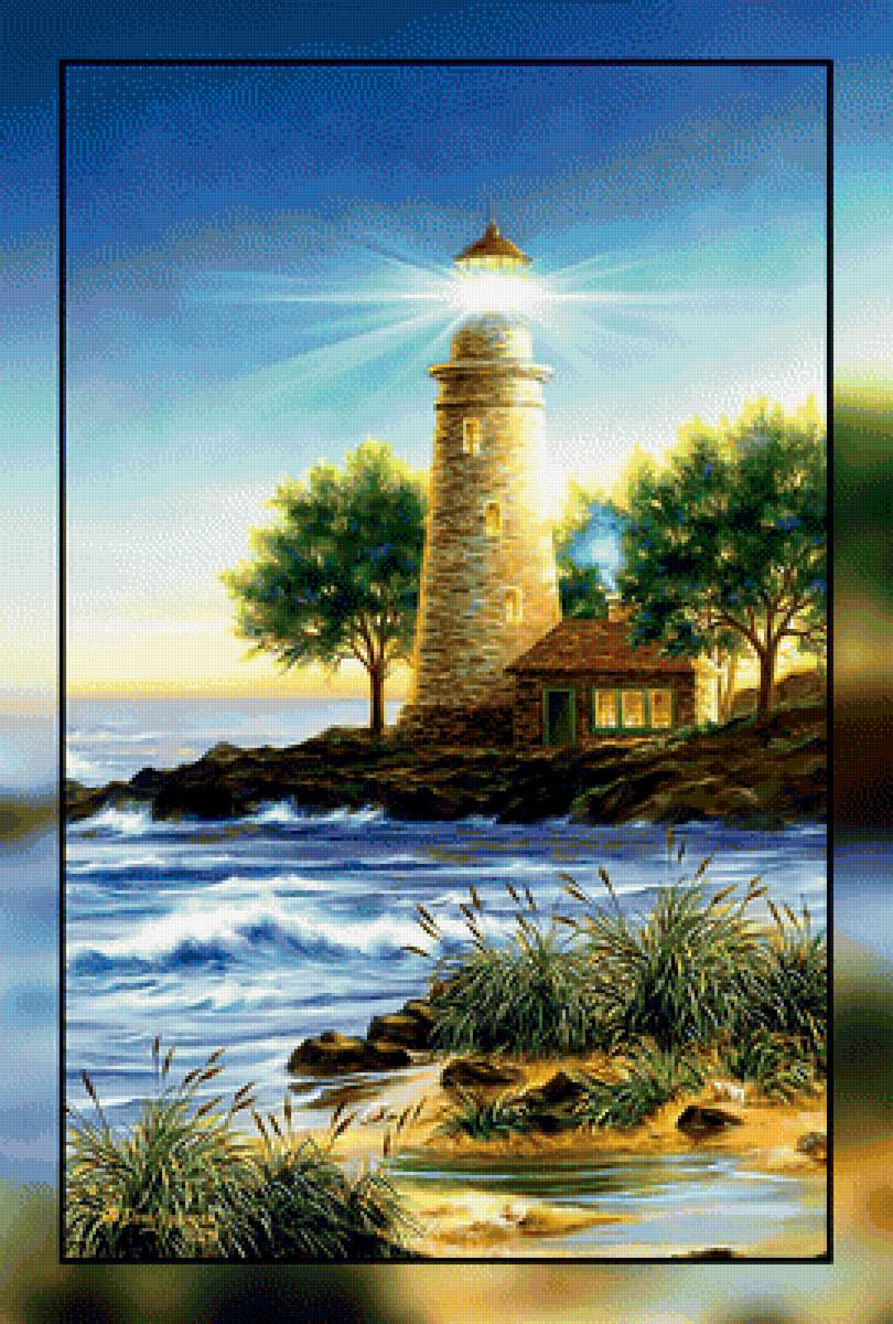 Маяк2. - волны, море, пейзаж., деревья, вечер, домик, маяк - предпросмотр