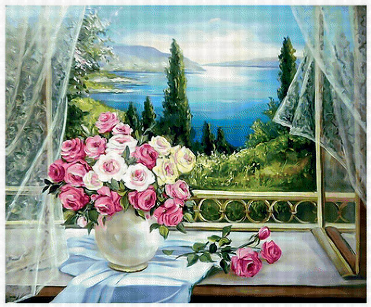 Вид из окна. - розы., букет, пейзаж, море, окно, солнце - предпросмотр