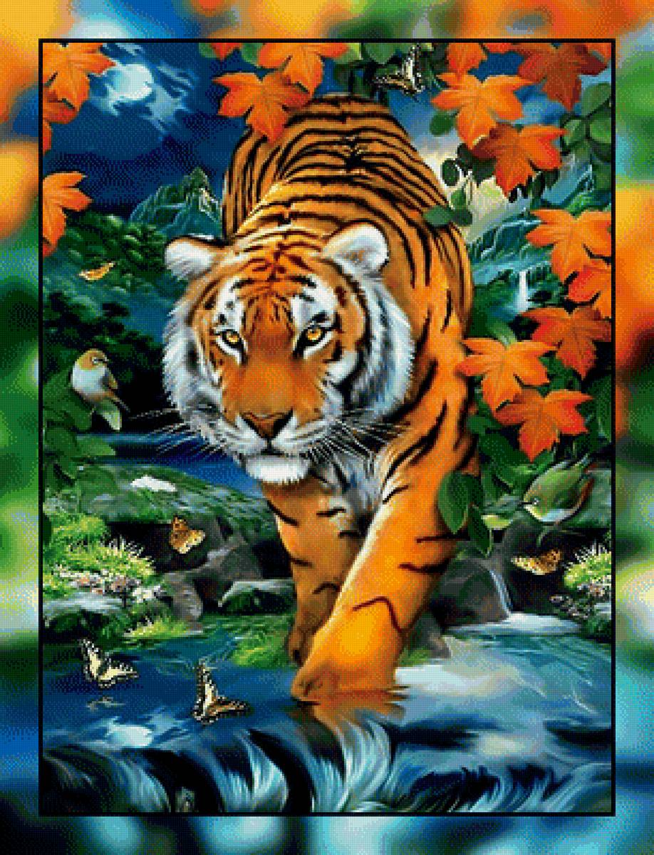 Тигр. - бабочки., тигр, джунгли, птицы, хищник - предпросмотр