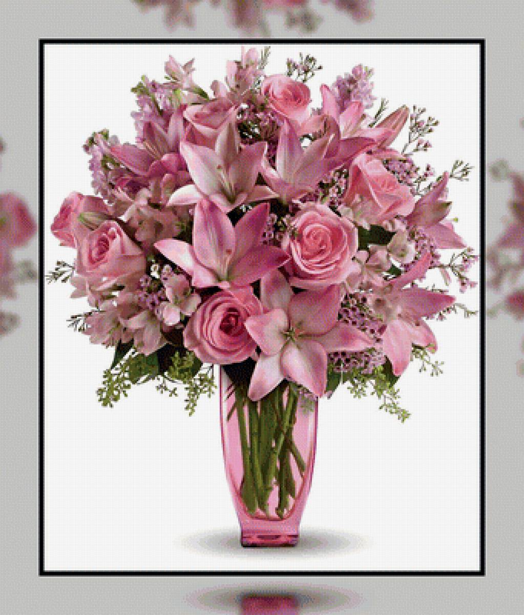 Розовый букет. - розы, букет., лилии, цветы - предпросмотр