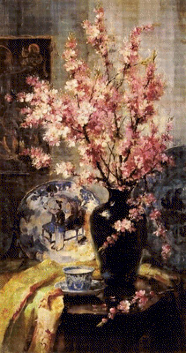 Apple Blossoms And Blue And White Porcelain On A Table - by mortelmans, frans (1865-1936) - предпросмотр